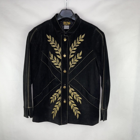 Bob Mackie Gold Embroidered Black Leather Suede Jacket - Picture 2 of 9
